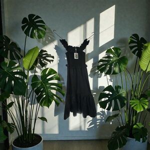 Caroline Constas Black Off the Shoulder Smocked Tiered Midi Dress Women’s Large